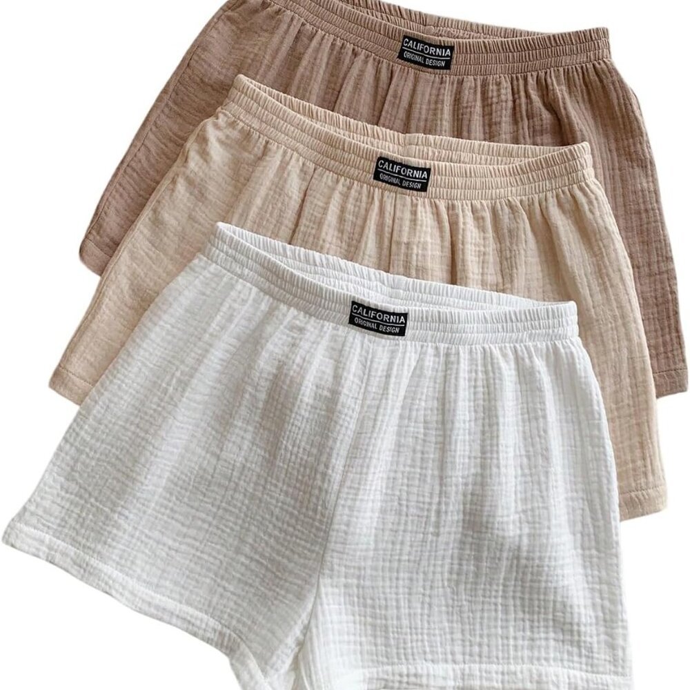 Women's Summer Shorts 3 Pack - Elastic Waist, Wide Leg, Casual Cotton - Beige, W